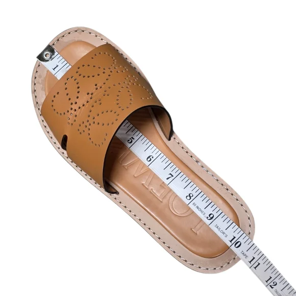 LOEWE Anagram Perforated Leather Slides Sandals Caramel - Size 10
